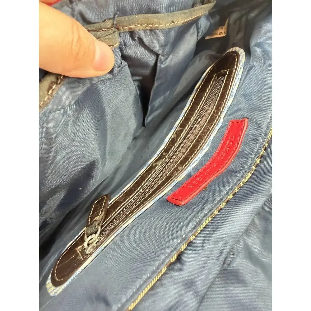 Tommy Hilfiger Monogram Wristlet Clutch Wallet Brown Canvas Red Blue Stripe